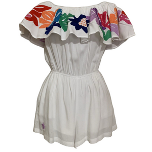 J.Marie Women’s‎ Embroidered Off Shoulder Romper Tropical Birds Boho White XS